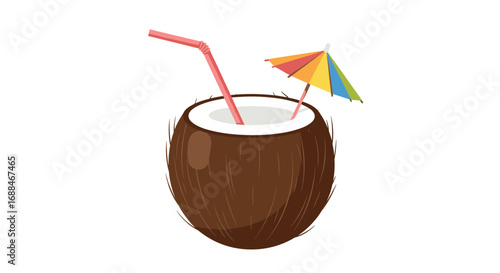 Refreshing tropical coconut drink with straw and umbrella