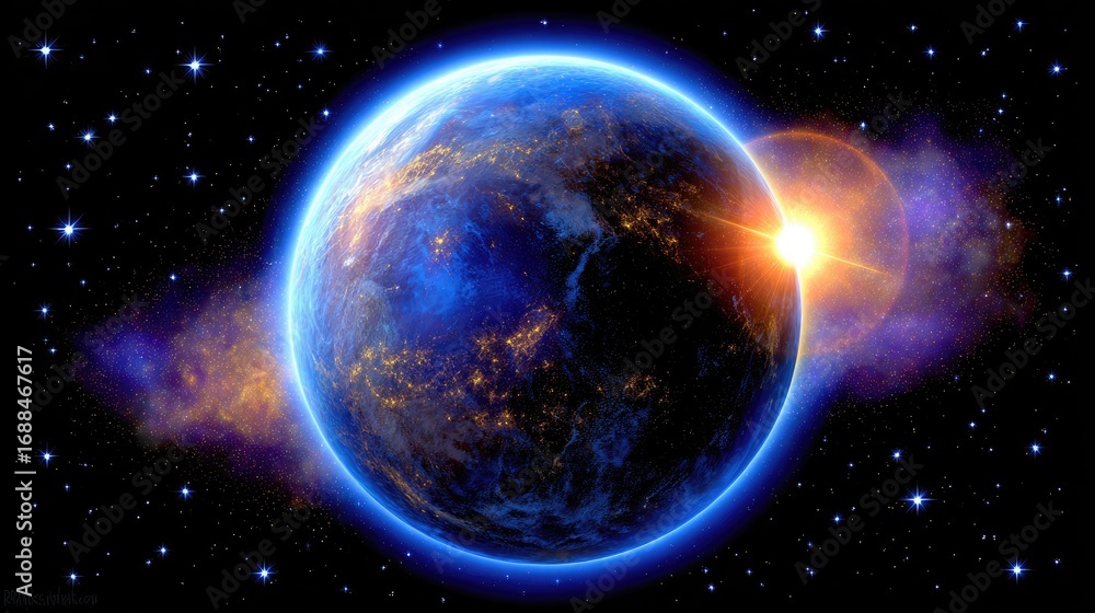 Obraz premium Earth illuminated by a vibrant sunrise in space.
