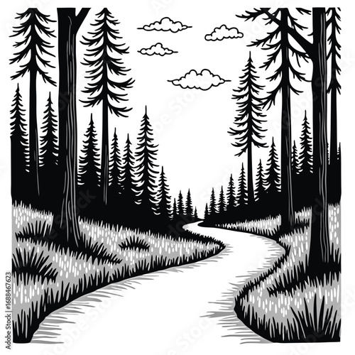 Winding forest path with tall pine trees and clouds