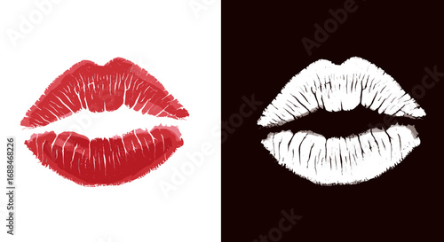 Bright red and white lipstick marks on contrasting black and white background