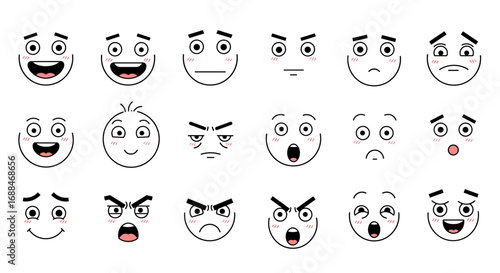 Minimalist cartoon faces with various emotions and expressions on white background