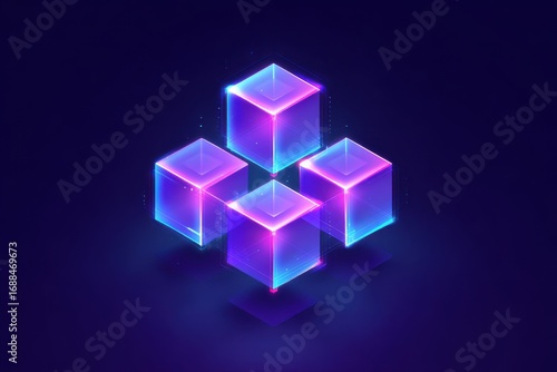 Four glowing cubes in vibrant neon colors,  arranged in a  group.  Isometric view,  digital aesthetic