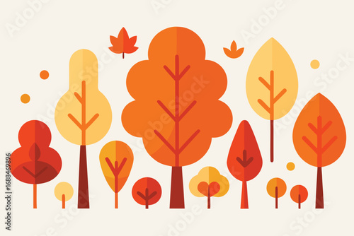 Autumnal Flat Design Trees in Orange, Yellow, and Red Colors with Falling Leaves