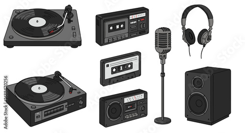 Vintage audio equipment collection featuring turntables, cassette players, and headphones