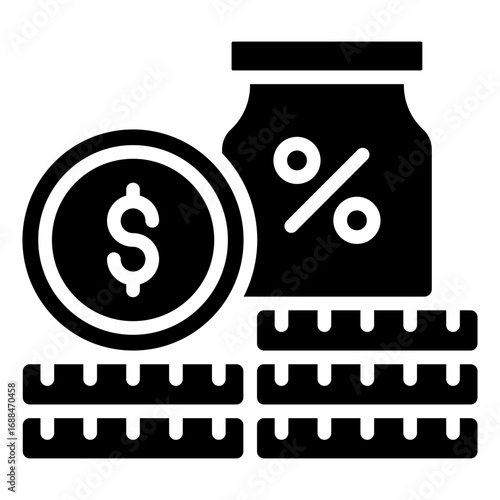Investment Return Glyph Black Silhouette Icon Design Vector - Stacked coins, jar, and percentage, symbolizing savings, investment return, and interest