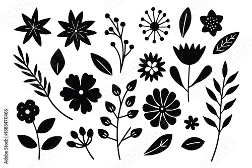 Black and White Floral Elements Flower Icons, Branches, and Leaves Illustration