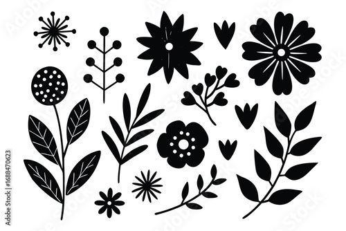 Black and White Floral Illustration Simple Flowers, Berries, and Leaves Elements