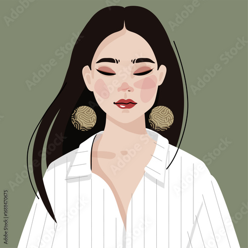 Portrait of a beautiful  woman on with dark long hair with eyes closed in a striped shirt. Avatar for social media. Diversity. Bright vector illustration in flat realism style.
