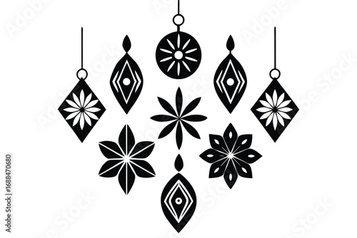 Black and White Floral Ornaments and Geometric Shapes Illustration on White Background