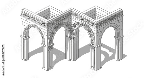 Detailed isometric ancient archway with ornate patterns and shadows