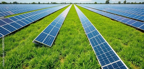 Rows of solar panels seamlessly integrated into a vibrant green lawn, power, green energy