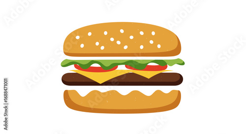Flat design cheeseburger with lettuce and tomato on white background
