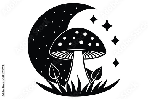 Black and White Mushroom Silhouette with Moon, Stars, Grass, and Leaves Illustration