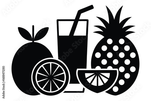 Black and White Pineapple, Orange, Sliced Citrus, and Drink with Straw Silhouette Illustration