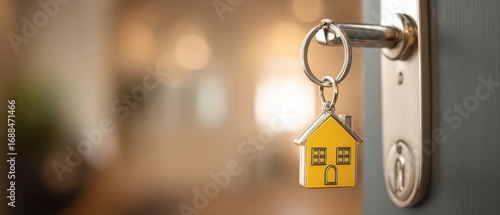 The house key with yellow house keychain hanging in an open door lock