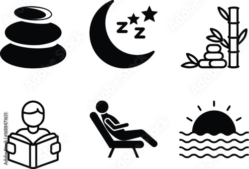 Restful sleep and relaxation icons peaceful moon stars zen stones bamboo reading chair sunrise