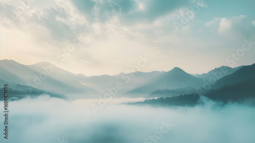 Wallpaper Mural a serene mountain landscape with soft morning mist, pastel colors, wide open space for overlay, cinematic 16:9 Torontodigital.ca