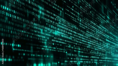 Digital data stream with binary code and glowing elements