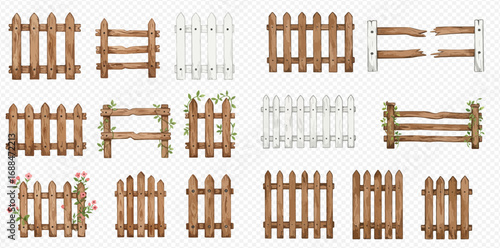 A diverse set of isolated wooden fences, featuring rustic, picket, and rail designs, some with climbing plants and flowers.
