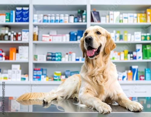 Golden retriever in a pharmacy