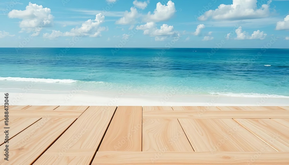 Fototapeta premium Smooth, light wood tabletop overlooking pristine white sand beach, view, top