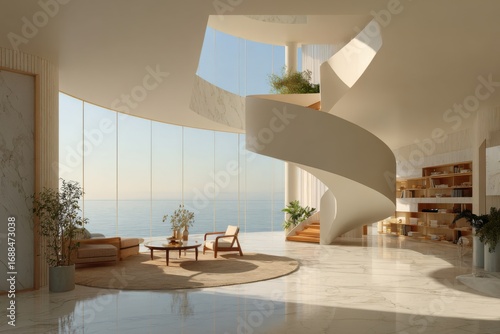 Coastal modern open-plan living space with spiral staircase