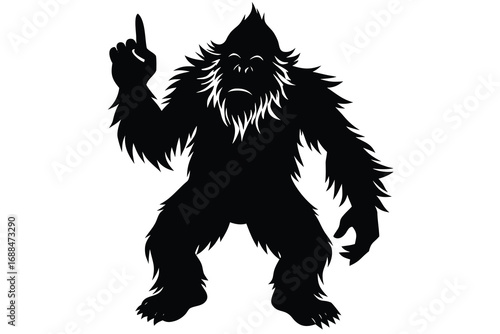 Black Silhouette of Furry Bigfoot Pointing Upward on White Background, Cryptid Illustration