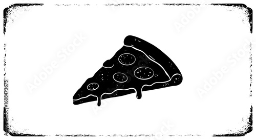 Rustic black and white pizza slice with dripping cheese and pepperoni