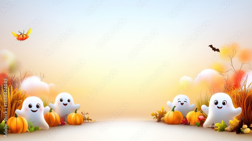 Naklejka premium Cheerful Cartoon Ghosts Surrounded by Colorful Pumpkins and Autumn Foliage in a Playful Halloween Background Scene