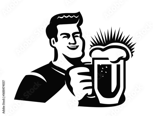 Happy man with glass of beer. Alcoholic drink emblem vector illustration. Symbol for restaurant or pub menu