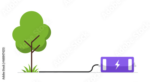 Nature-powered energy concept featuring a tree and battery icon