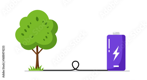 Eco energy concept with tree and battery in flat design