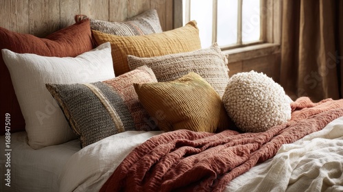 Cozy bedding display in rustic room