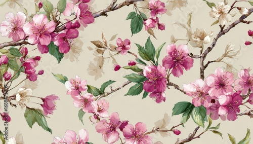 Delicate floral pattern of blossoming cherry or apple blossoms on beige background.  Soft pink and white flowers,  branching stems, and green leaves are intricately detailed.  Watercolor-like effect