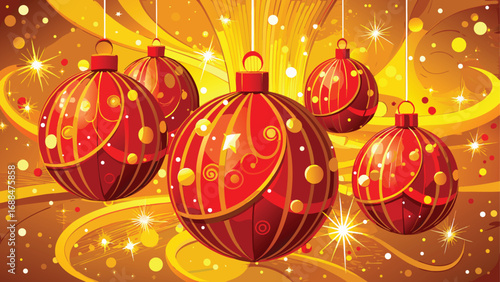 Red Christmas baubles and golden stars on a festive holiday background with snow and snowflakes