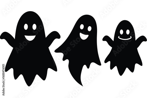 Cute Cartoon Black Halloween Ghosts with Smiles Isolated on a White Background Illustration