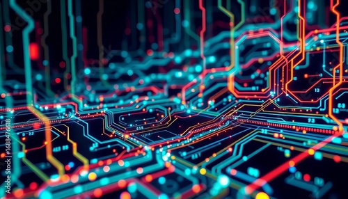 Abstract futuristic tech background; glowing circuits, digital nodes, data streams,  metaverse,  data