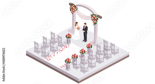 Isometric wedding ceremony with bride and groom in elegant floral arch setup
