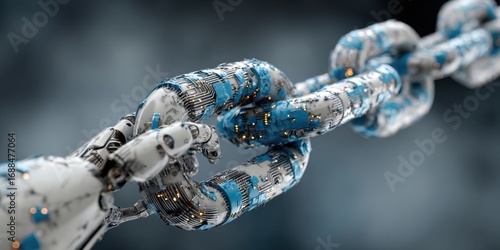 Robotic hands holding a chain link, complex tech