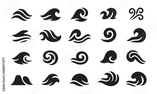 Sea wave icons. Water waves, ocean wave and splashes nautical storm black tattoo symbols. Water tribal tidal streams with breeze swirls. Vector marine surf abstract logo set. vector illustration eps