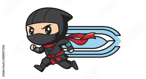 Cute cartoon ninja character in a black suit and red scarf running with a blue speed trail.