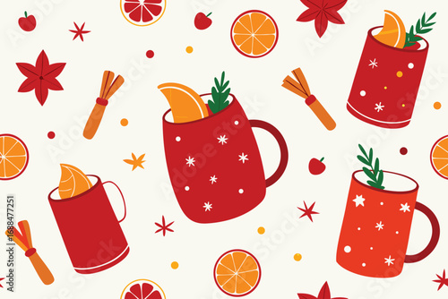 Festive Holiday Mulled Wine Pattern Red Mugs with Orange Slices and Cinnamon Sticks