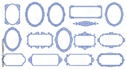 Elegant blue outline frames with ornate details and vintage design elements