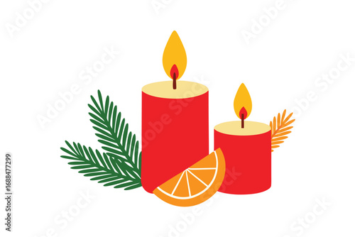 Festive Red Candles with Orange Slice and Evergreen Branches A Holiday Still Life