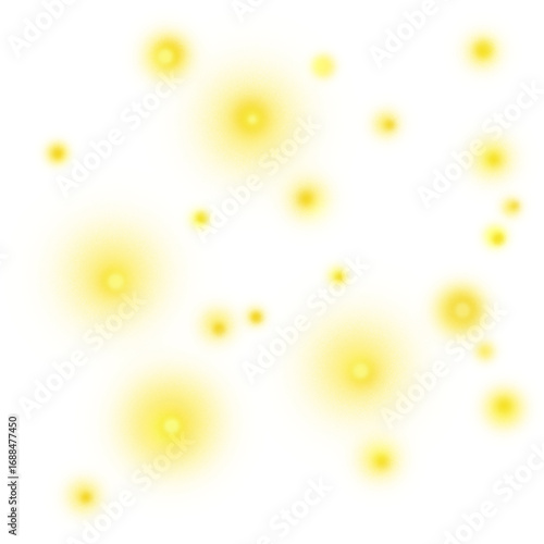 A collection of glowing yellow and orange orbs of varying sizes on a black background, resembling fireflies or distant lights.

