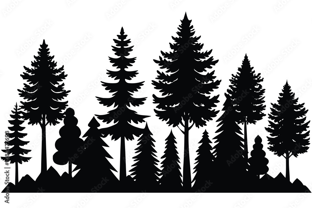 Obraz premium Forest Silhouette Black and White Illustration of Evergreen Trees on a White Background