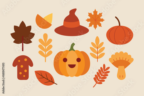 Flat Illustration of Autumnal Elements Pumpkins, Leaves, Hat, and Mushrooms on Cream Background