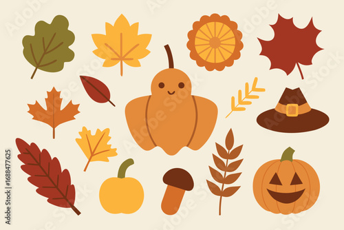 Flat with Autumn Leaves, Pumpkins, Mushroom, Thanksgiving Hat, and Fall Elements