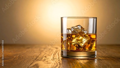 Glass of whiskey with ice on wooden table, warm glow