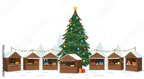Festive christmas market stalls under decorated tree with snowfall
